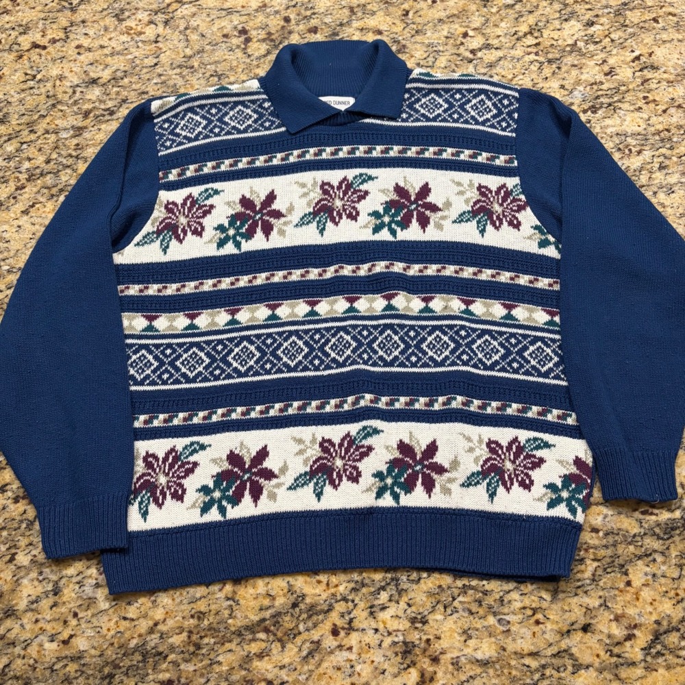 Alfred Dunner Vintage Floral Fair Isle Polo Sweater Blue Large Made in USA v